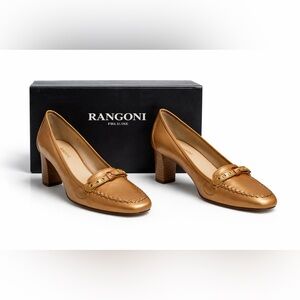 Rangoni Caramel Leather Block-Heel Loafers with Gold Accent, Made In Italy